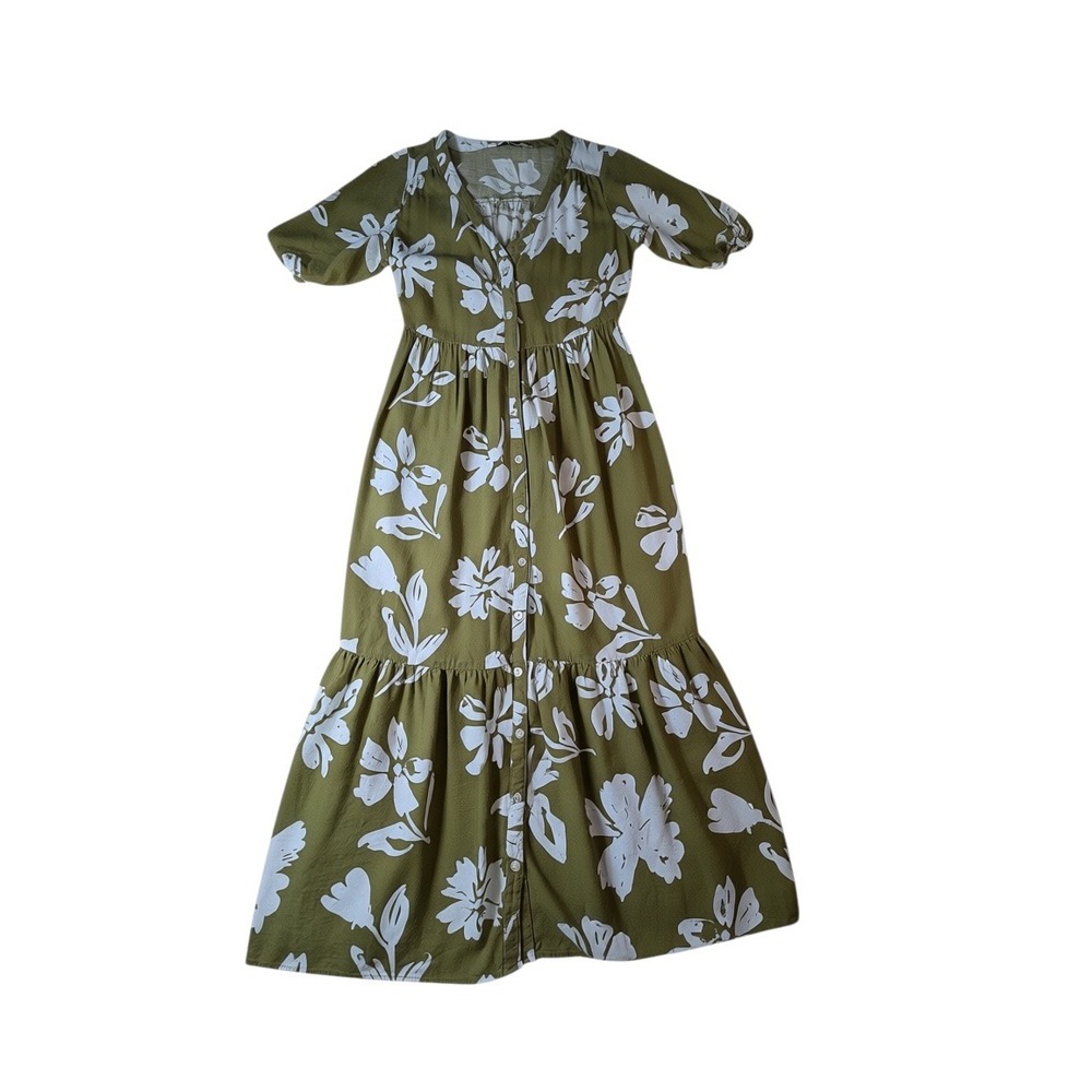 Sonoma Goods for Life Olive Floral Tiered Ruffle Maxi Dress Womens XS Green